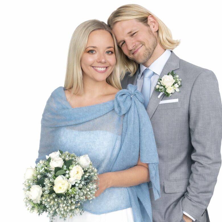 No mohēras un zīda adīta plecu šalle līgavai dūmakaini zila, kods WB6